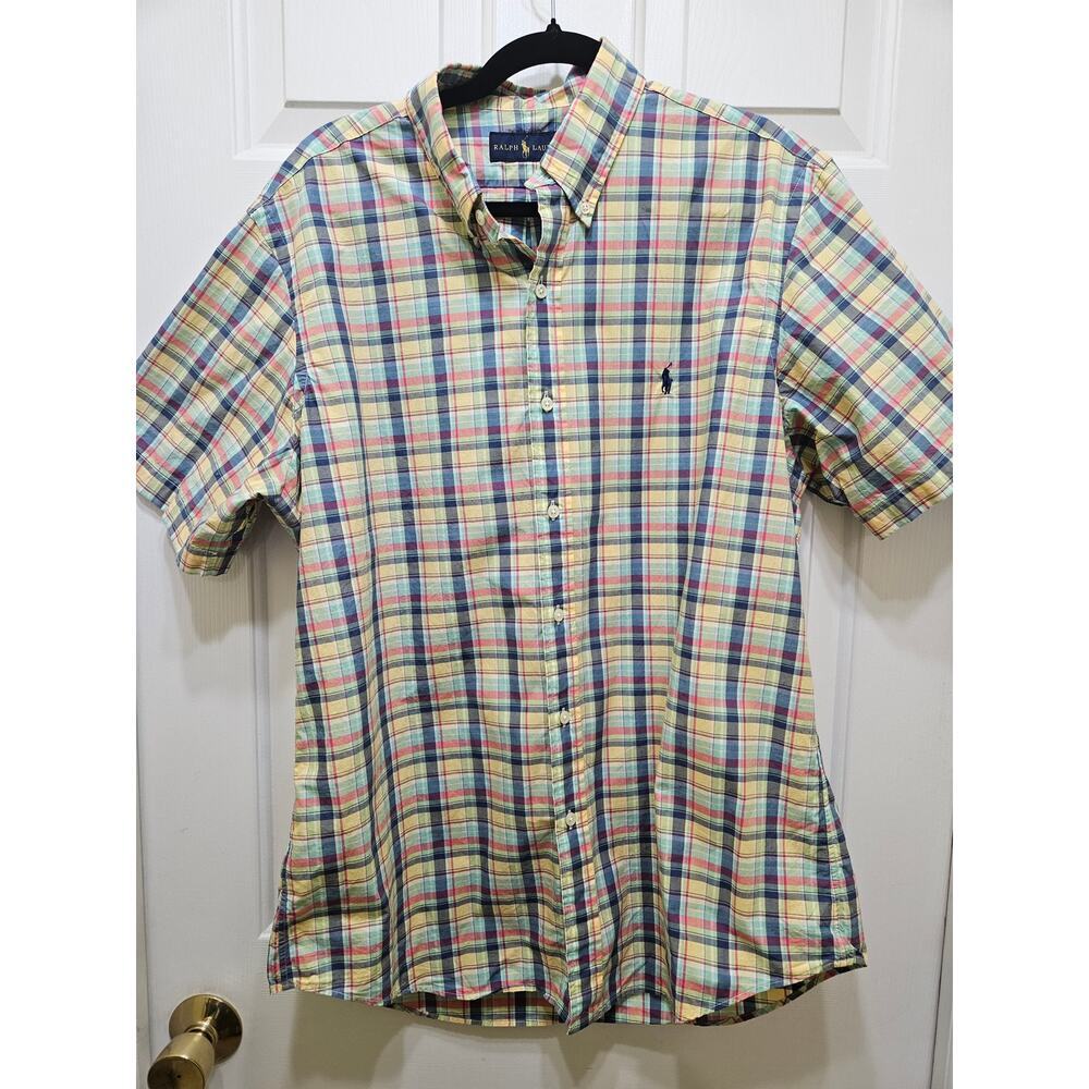 Ralph Lauren men's L cotton button up shirt,  yellow multi plaid, preppy‎ casual